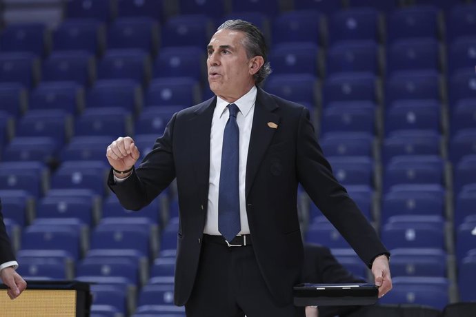 Sergio Scariolo, head coach of Real Madrid gestures during the Turkish Airlines EuroLeague match between Real Madrid and Hapoel IBI Tel Aviv at Movistar Arena on March 24, 2026 in Madrid, Spain.