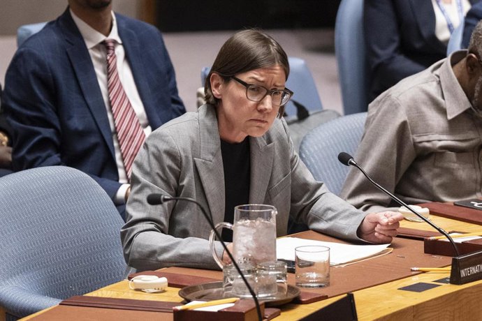 Archivo - May 22, 2025, New York, New York, USA: Mirjana Spoljaric Egger, President of the International Committee of the Red Cross speaks at the Security Council meeting on protection of civilians in armed conflict at UN Headquarters in New York on May 2