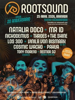 Cartel del evento que conmemora los 20 años de la promotra cultural y agencia de management Rootsound.