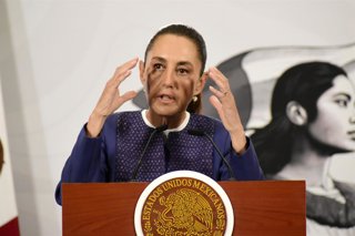 Mexico's President Claudia Sheinbaum Pardo speaks during a news conference about the law to prevent, punish and repair the damage in the Crime of Femicide  at the National Palace. on March 24, 2026 in Mexico City, Mexico.