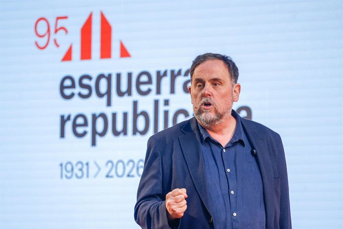 El presidente de ERC, Oriol Junqueras, interviene durante el 95 aniversario de ERC, en la Estació del Nord, a 14 de marzo de 2026, en Barcelona, Catalunya (España). El partido se fundó en Barcelona en marzo de 1931, así que este año están conmemorando los