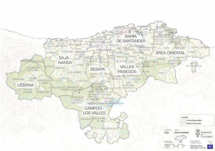 Mapa de Cantabria con las siete áreas funcionales