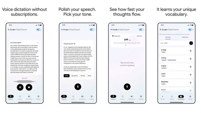 Capturas de la aplicación Google AI Edge Eloquent en la App Store de Apple.
