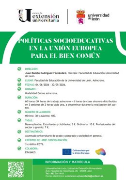 Cartel del curso de extensión universitaria 'Políticas Socioeducativas para el Bien Común en la Unión Europea', que se desarrllará desde el próximo mes de junio.