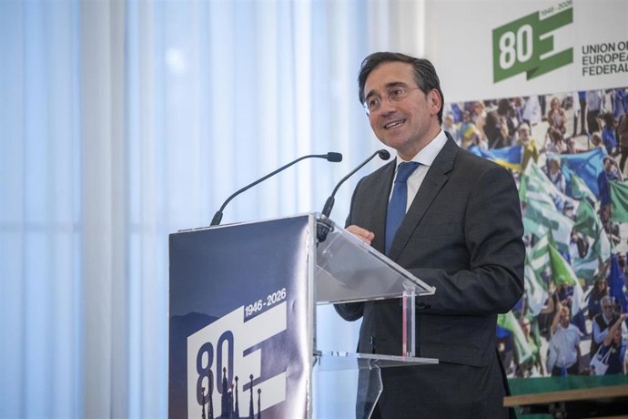 El ministro de Asuntos Exteriores, José Manuel Albares, interviene durante la sesión inaugural de la Unión de Federalistas Europeos, a 20 de marzo de 2026, en Barcelona, Catalunya (España).