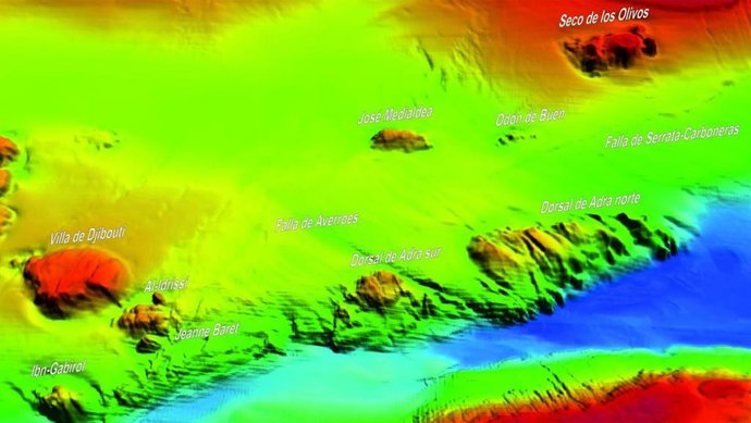 Modelo batimétrico donde se indican algunas toponimias de montes y cañones del Mar de Alborán