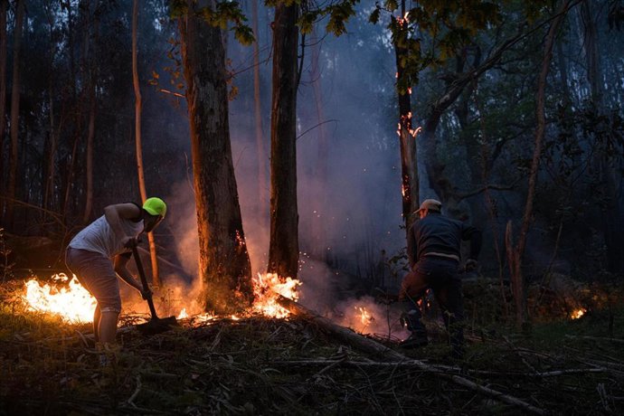 Varias persoas tentan sufocar o lume no incendio forestal no monte Galleiro, a 6 de abril de 2026, en Ribadetea, Ponteareas, Pontevedra, Galicia.