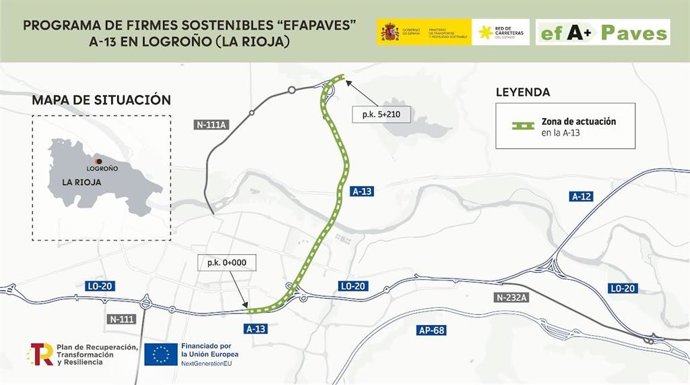 Transportes rehabilita con firmes sostenibles 5,21 km de la A-13 en Logroño, con una inversión de 2,23 millones de euros