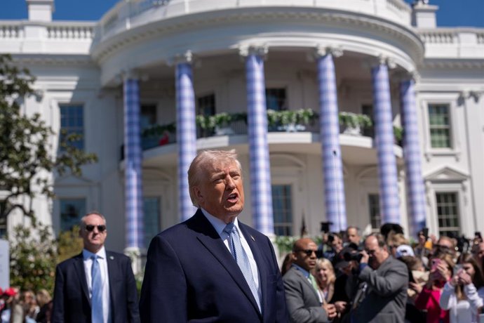 April 6, 2026, Washington, Dc, United States: President DONALD TRUMP takes questions from the media during the White House Easter Egg Roll on April 6, 2026.