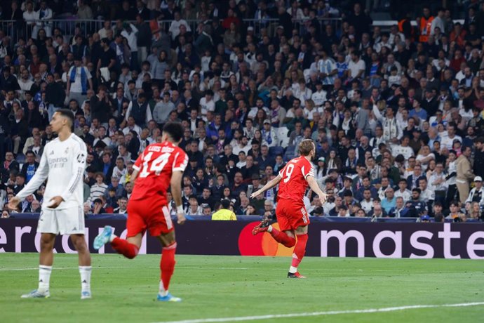 Harry Kane of Bayern Munich celebrates a goal during the UEFA Champions League 2025/26 Quarter-finals First Leg match between Real Madrid C.F. and Bayern Munich at Bernabeu stadium on April 07, 2026, in Madrid, Spain.