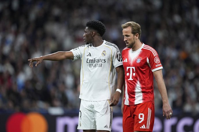 Harry Kane of Bayern Munich and Aurelien Tchouameni of Real Madrid CF in action during the UEFA Champions League 2025/26 Quarter-finals First Leg match between Real Madrid C.F. and Bayern Munich at Bernabeu stadium on April 07, 2026, in Madrid, Spain.
