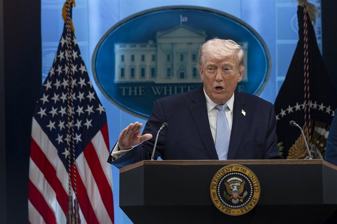 April 6, 2026, Washington, District Of Columbia, United States: U.S. President Donald Trump speaks during a news conference in the James S. Brady Press Briefing Room at the White House on April 06, 2026, in Washington, DC. President Trump addressed the U.