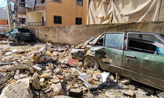 LEBANON, SAIDA - MARCH 16, 2026: Cars in a neighbourhood damaged in an Israeli air strike
