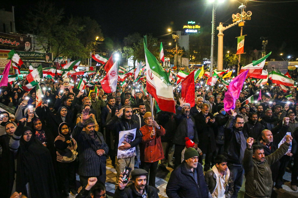 April 9, 2026, Iran, Iran: Iranian pro-government supporters take part in a rally.