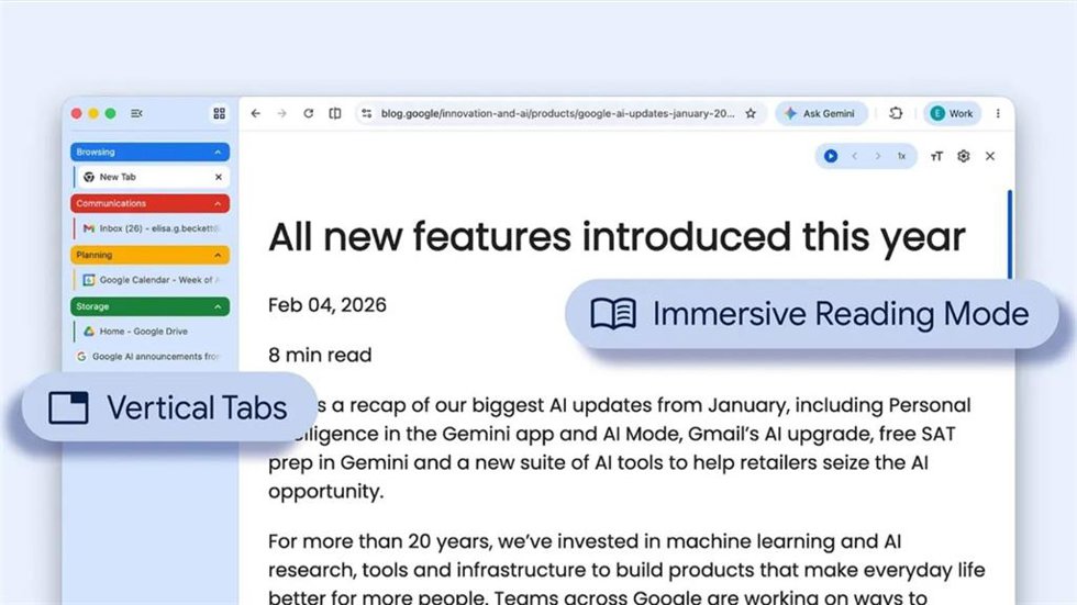 Pestañas verticales y un modo de lectura inmersiva en Google Chrome.