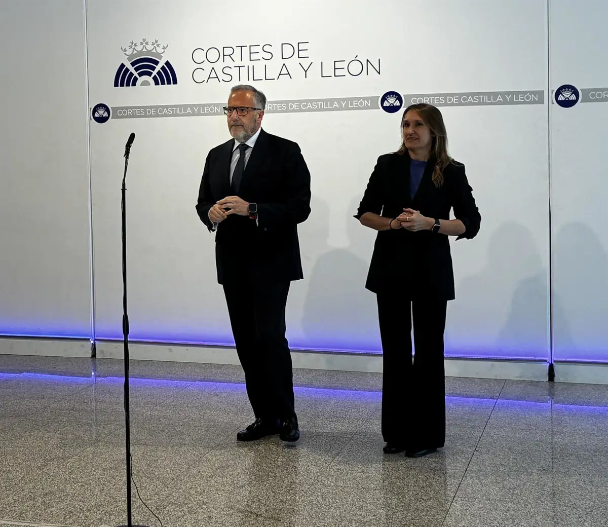 Carlos Pollán y Rocío Lucas, antes de atender a los medios hoy en las Cortes. - EUROPA PRESS