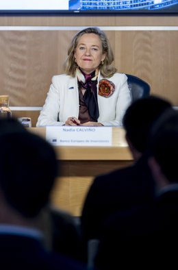 Archivo - La presidenta del Grupo BEI, Nadia Calviño, durante una rueda de prensa, en la sede de la Comisión Europea en Madrid, a 9 de febrero de 2026, en Madrid (España). Calviño ha informado de las actividades y el impacto del Grupo Banco Europeo de Inv