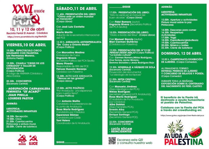 Programa de la XXVI Fiesta del PCA, que se celebrará en Córdoba del 10 al 12 de abril.