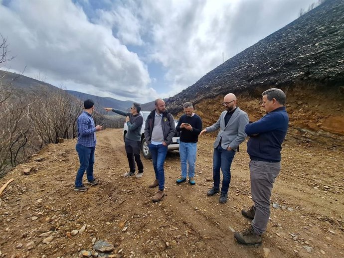 El subdelegado del Gobierno en León, Héctor Alaiz Moretón (segundo por la derecha), durante su visita a las obras de restauración hidrológico-forestal que se ejecutan en la zona afectada por el incendio de Fasgar-Igüeña.