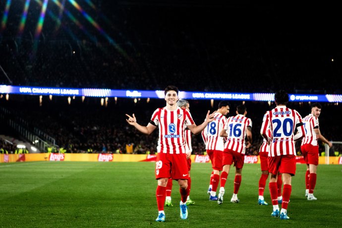 Julián Álvarez celebra el 0-1 en el FC Barcelona-Atlético de Madrid de ida de cuartos de final de la Liga de Campeones 25-26