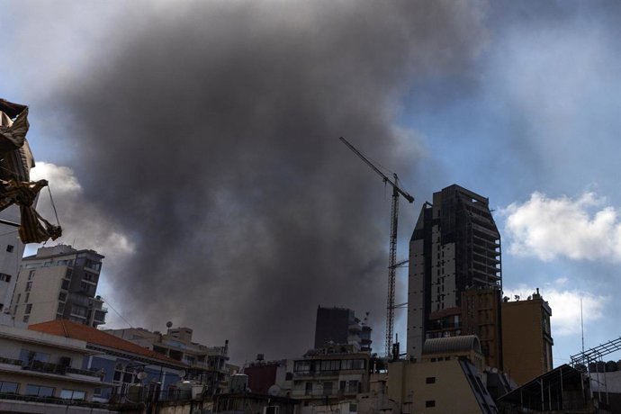 April 8, 2026, Beirut, Lebanon: Smoke reaches skyward after an Israeli attack targeted a residential area in Beirut, Lebanon on April 8, 2026. The Israeli military attacked at least 100 locations across Lebanon in 10 minutes in what the Israeli military c