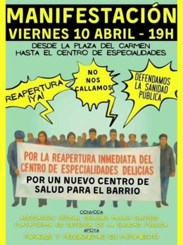 Convocatoria de la manifestación por la reapertura del centro de especialidades de Las Delicias.