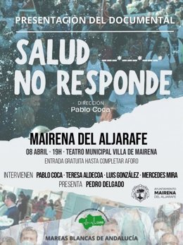 Cartel del acto de emisión del vídeo 'Salud No Responde' de Mareas Blancas suspendido en Mairena del Aljarafe (Sevilla).