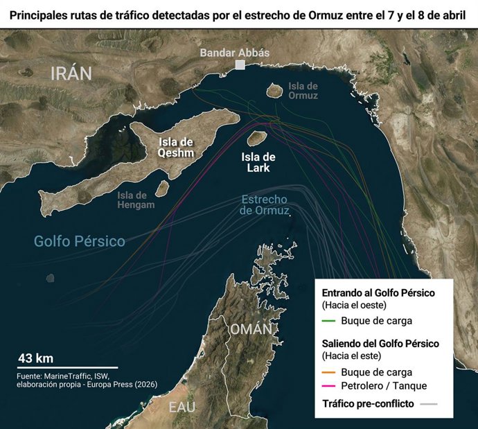 Mapa con las rutas alternativas propuestas por Irán en el estrecho de Ormuz. La Guardia Revolucionaria Iraní ha instado este jueves a "todos los buques que tengan previsto transitar por el estrecho de Ormuz" a que sigan "rutas alternativas", una de entrad