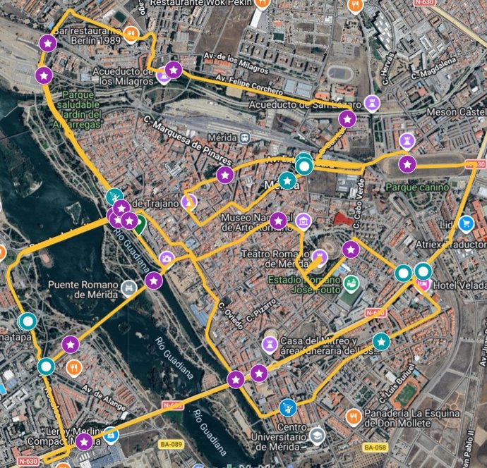 Plano del recorrido de la Media Maratón de Mérida 2026.