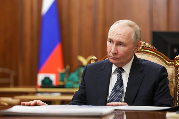 RUSSIA, MOSCOW - APRIL 8, 2026: Russia's President Vladimir Putin looks on during a meeting with Ivanovo Region Governor Stanislav Voskresensky at the Moscow Kremlin