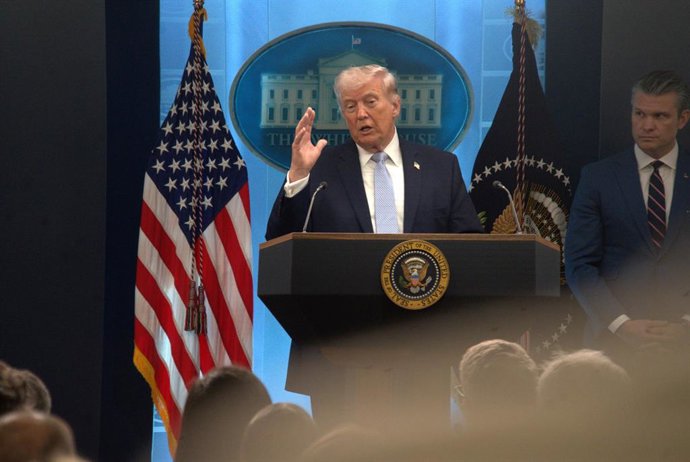 WASHINGTON, April 6, 2026  -- U.S. President Donald Trump speaks during a press conference at the White House in Washington, D.C., the United States, April 6, 2026. Trump said Monday that Iran could be "taken out" in one night and that night "might" be Tu