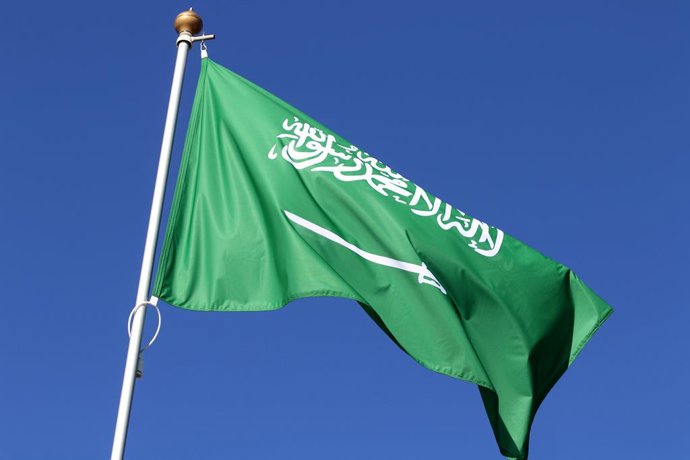 April 2, 2026, Saint Petersburg, Russia: The national flag of the Kingdom of Saudi Arabia, fluttering in the wind on a flagpole in Saint Petersburg.