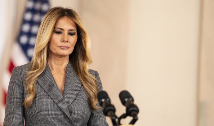 La primera dama de Estados Unidos, Melania Trump, en una comparecencia ante la prensa desde la Casa Blanca