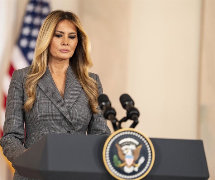 April 9, 2026, Washington, District Of Columbia, USA: First lady Melania Trump makes remarks responding to allegations and rumors on social media concerning her involvement with the Jeffrey Epstein affair and called on the United States Congress to hold a