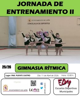 Cartel de la Jornada de Entrenamiento de gimnasia rítmica de las Escuelas Deportivas Municipales de León que se llevará a cabo mañana.