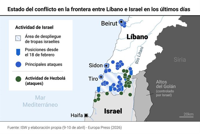 Mapa con el estado del conflicto en la frontera de Israel con Líbano. El Fondo de Naciones Unidas para la Infancia (UNICEF) ha denunciado este jueves la "devastación masiva" y el "intolerable" nivel de violencia tras la reciente oleada de ataques en Líban