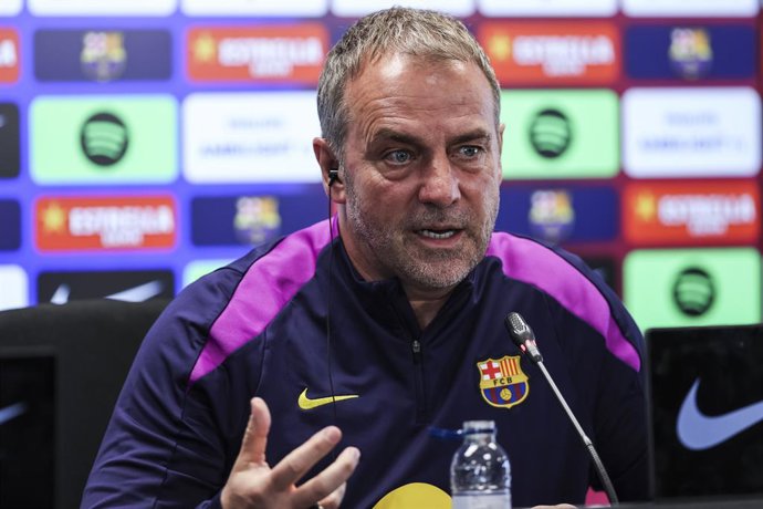 Hansi Flick, head coach of FC Barcelona, attends his press conference during the training day of FC Barcelona ahead the Spanish League, LaLiga EA Sports, football match against Atletico de Madrid at Ciudad Esportiva Joan Gamper on April 03, 2026 in Sant J