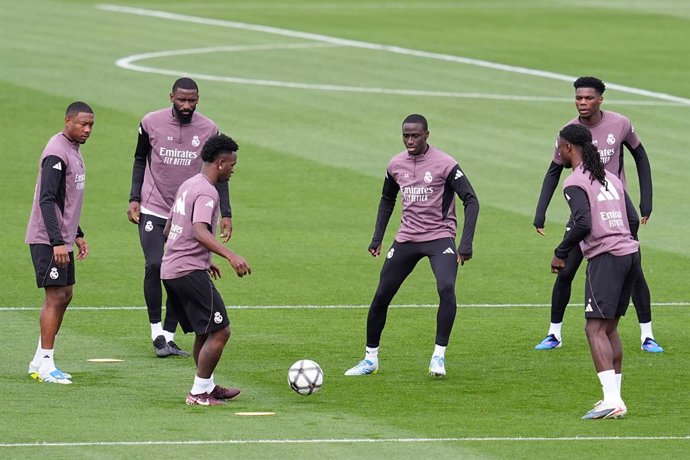 David Alaba, Vinicius Junior, Ferland Mendy, Aurelien Tchouameni and Antonio Rudiger during the training day of Real Madrid ahead the Spanish League, LaLiga EA Sports, football match against Girona FC at Ciudad Deportiva Real Madrid on April 09, 2026, in 