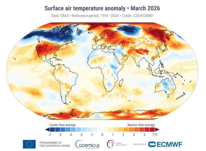 Anomalía de la temperatura del aire en superficie en marzo de 2026 con respecto a la media de marzo para el periodo 1991-2020.