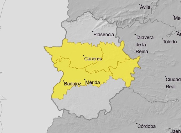 Mapa de alerta amarilla por tormentas en Extremadura este viernes, 10 de abril.