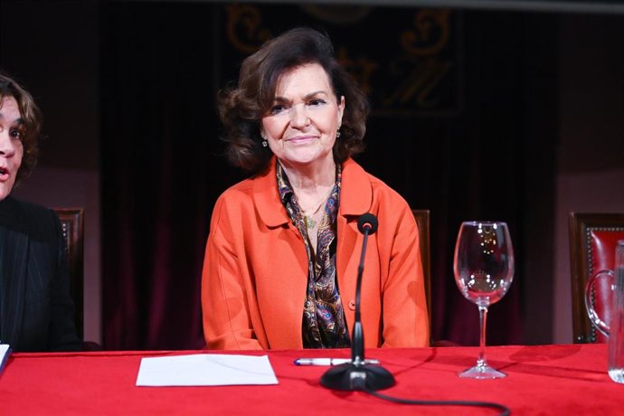 La presidenta del Consejo de Estado, Carmen Calvo, durante el I Encuentro Abolicionista, en el Ateneo de Madrid, a 10 de abril de 2026, en Madrid (España).