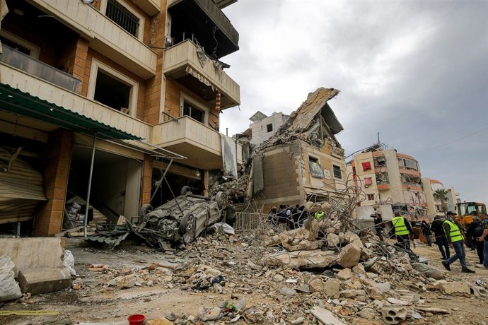 April 10, 2026, Beirut, Beirut, Lebanon: Wreckage and twisted iron bars litter a street where a building was destroyed by an Israeli strike in Choueifat neighborhood on the edge of Beirut southern suburb, a hotbed for the Iranian-backed Hezbollah. Lebanon