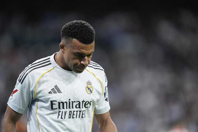Kylian Mbappe of Real Madrid CF looks down during the Spanish League, LaLiga EA Sports, football match played between Real Madrid and Girona FC at Bernabeu stadium on April 10, 2026, in Madrid, Spain.