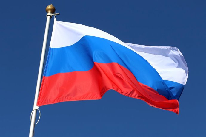 April 2, 2026, Saint Petersburg, Russia: The national flag of the Republic of the Russian Federation, fluttering in the wind on a flagpole in Saint Petersburg.