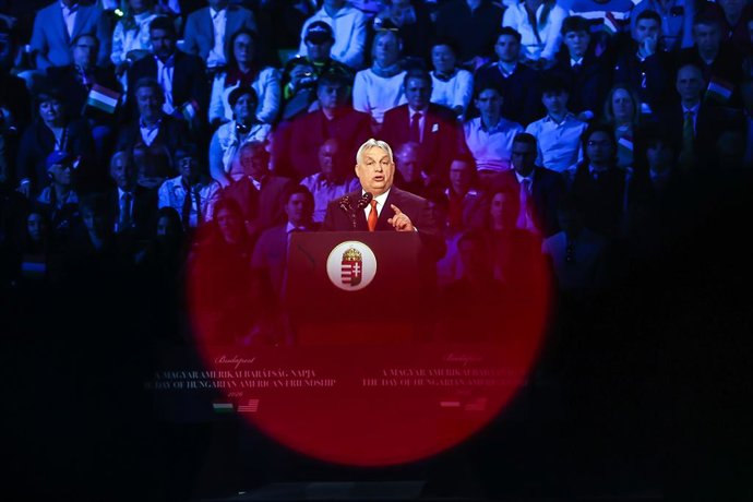 BUDAPEST, April 7, 2026  -- Hungarian Prime Minister Viktor Orban speaks as he attends a campaign rally marking "The day of Hungarian American Friendship" alongside U.S. Vice President JD Vance (not in the picture) in Budapest, Hungary, on April 7, 2026.