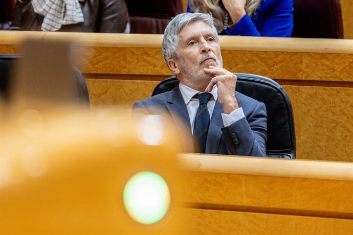 El ministro del Interior, Fernando Grande-Marlaska, durante una sesión de control al Gobierno, en el Senado, a 7 de abril de 2026, en Madrid (España). Cuerpo se estrena hoy como vicepresidente en la sesión de control al Gobierno en el Senado en la que el 