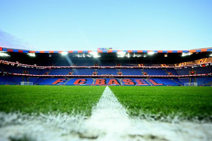 27 March 2026, Switzerland, Basel: A view of the stands with the "FC Basel" sign ahead of the International Friendly soccer match between Switzerland and Germany at St. Jakob Park. Photo: Tom Weller/dpa