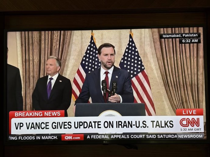 ISLAMABAD, April 12, 2026  -- This photo taken on April 12, 2026 shows a screen displaying a televised press conference by the U.S. delegation in Islamabad, Pakistan. No agreement was reached between the United States and Iran in the latest round of talks