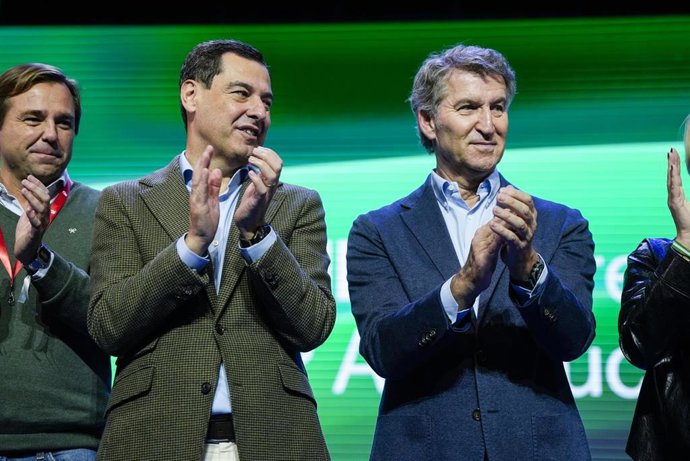 Archivo - El presidente del PP, Albero Nuñez Feijoo, junto a el presidente de la Junta de Andalucía, Juanma Moreno, durante el congreso del PP-A. A 9 de noviembre de 2025.