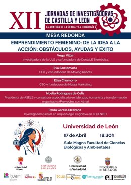 Cartel informativo de las XII Jornadas de Investigadoras de Castilla y León con los ponentes y detalles del evento en la Facultad de Ciencias Biológicas y Ambientales de la Universidad de León.